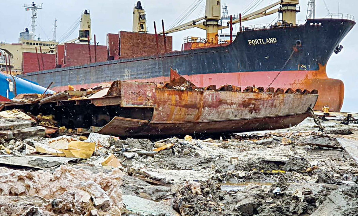 With serious questions hanging over the authorities’ verification systems, scrap ships like Portland are being dismantled along the Sitakunda beach, littering a vast area with materials that are allegedly highly hazardous to health and environment. Photo: Star