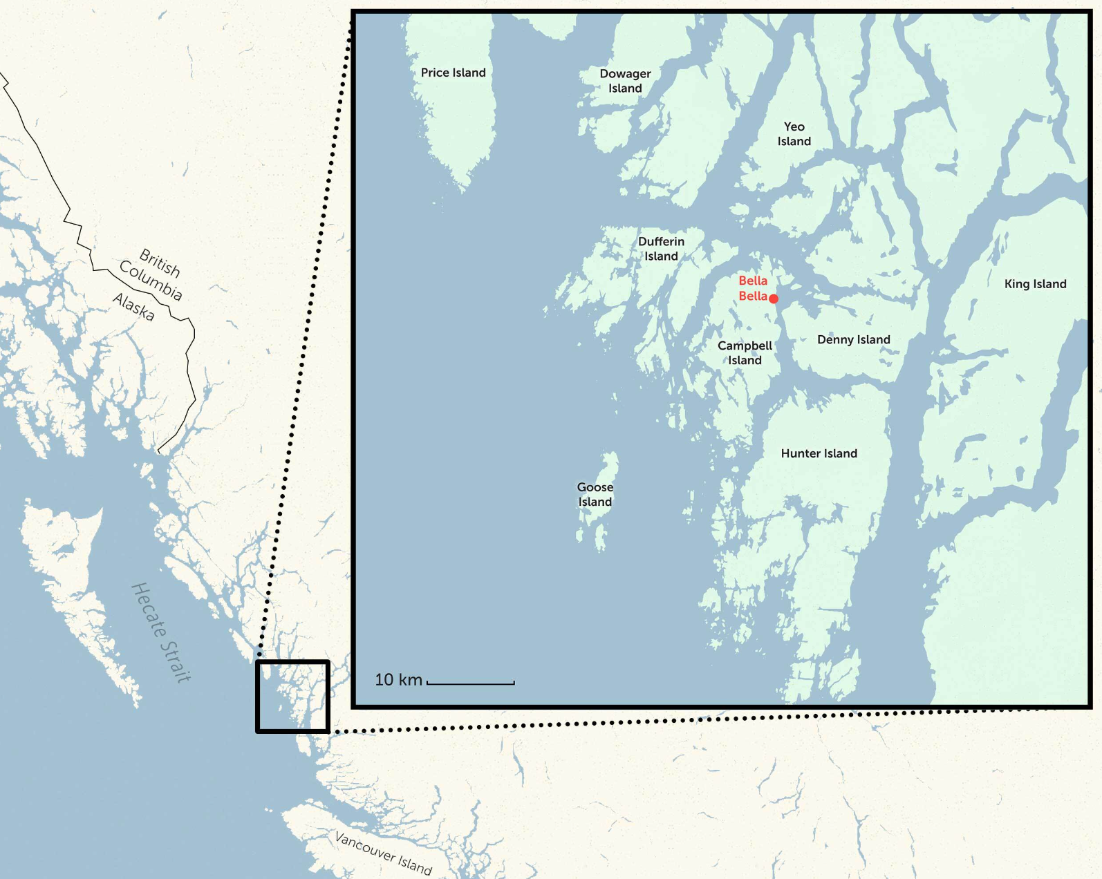 The McAllisters and some workers lived on Denny Island, B.C., and did field work and photo shoots around B.C.’s central coast. Map: Shawn Parkinson / The Narwhal.